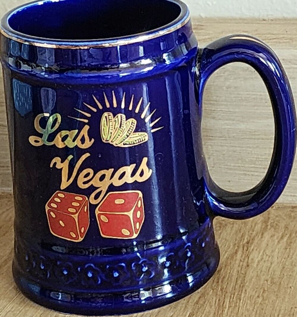 Las Vegas Coffee Mug Cup Ceramic Dice Glossy Blue Red Gold Glossy Paint 4" Nice